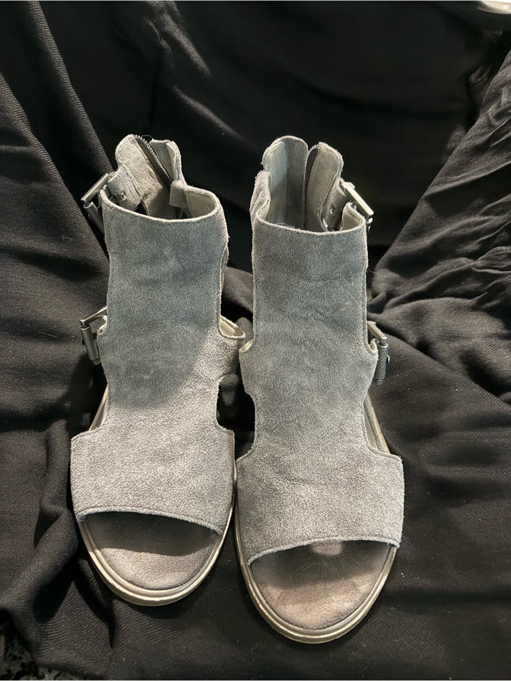 Nicole Gray Suede Open-Toe Buckle Sandals